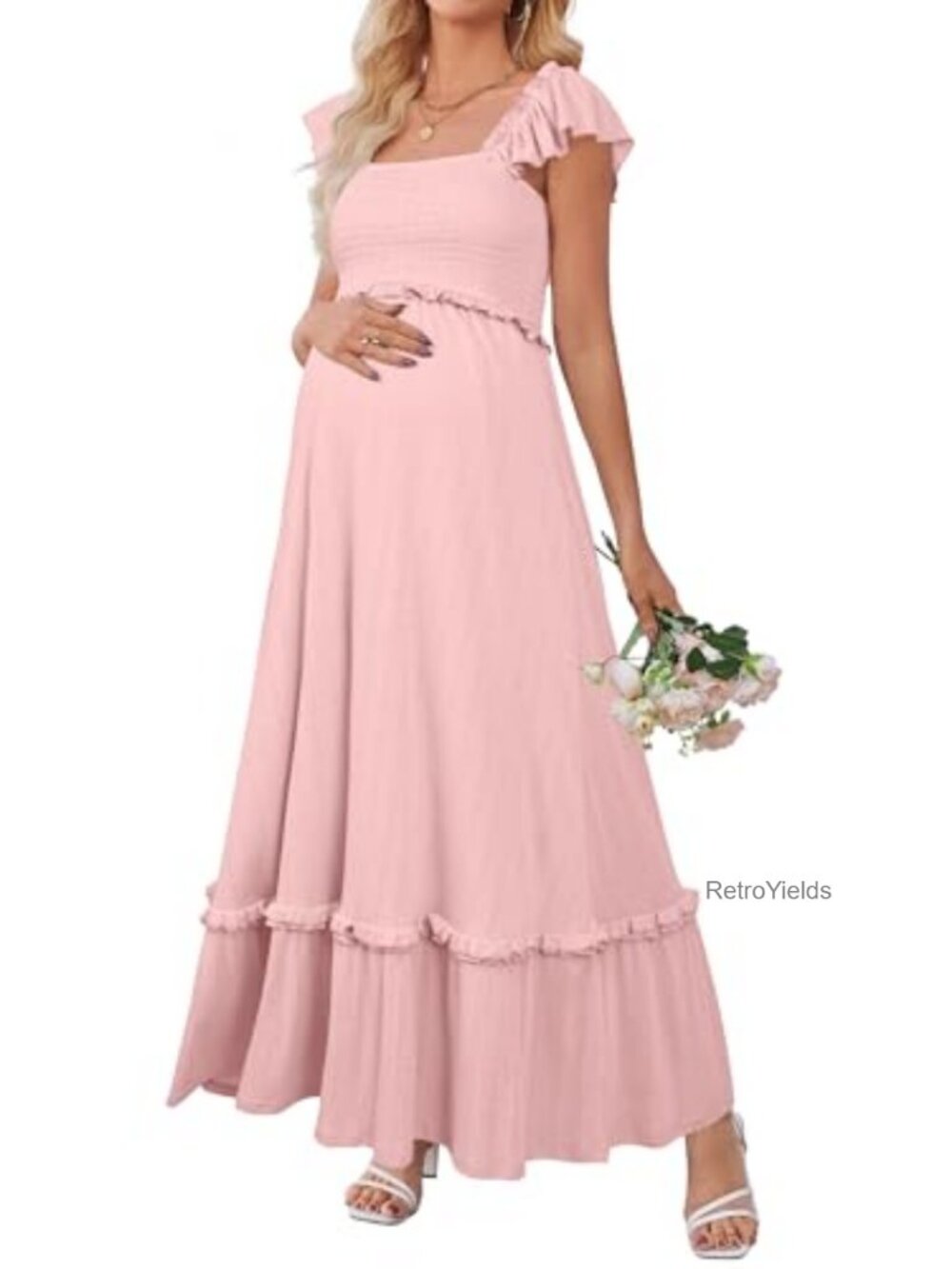 Maternity Baby Shower Maxi Dress with Ruffle Sleeves, Smocked, Flowy